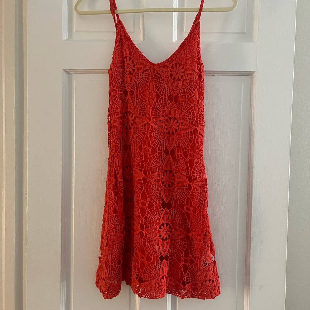 Red crochet, mini dress with built in slip